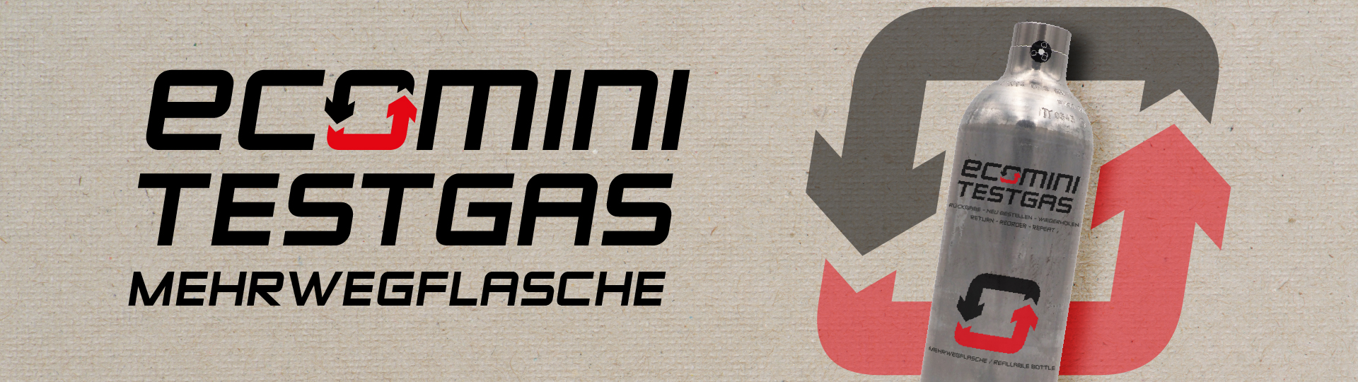 Ecomini Testgas Mehrwegflasche auf Canvas Hintergrund mit eier Eco Mini Testgasflasche und dem Kreislaufwirtschaft Symbol
